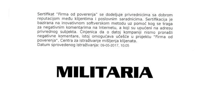 Sertifikat firma od poverenja Militaria doo