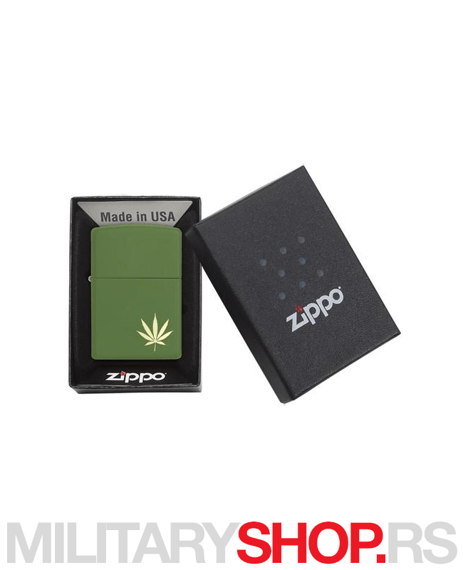 Zeleni Zippo upaljač sa listom konoplje
