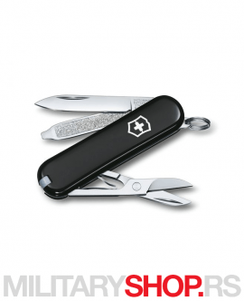 Dimenzije: Dužina: 58 mm Širina : 9 mm Težina: 21 gram Alat u Klasik crnom modelu švajcarskog noža: mali nož, makaze, turpija, šrafciger 2,5 mm, čačkalica, pinceta, privezak